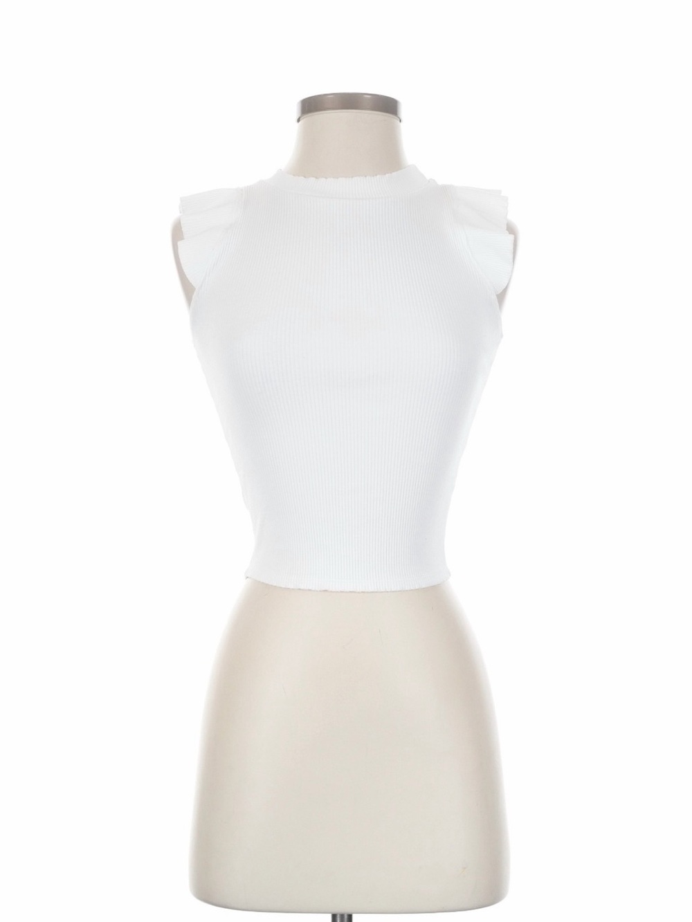 Alya White Ribbed Sleeveless Crop Top with Ruffle Shoulders - Small